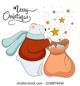 Cute vector  Christmas Bear wearing scarf. White bear with presents and stars. Christmas and new year concept
