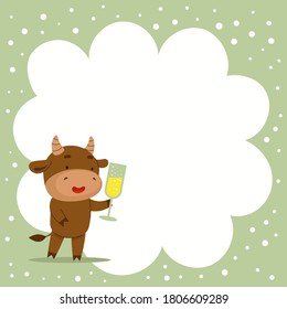 Cute vector Christmas bull holding a glass of champagne. New Year's greeting cards. Templates for the holiday. Flat cartoon illustration on light background with snowflakes