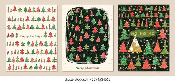 Cute vector Christmas cards set with Christmas trees in red and green and a funny Santa Claus hiding, elegant holiday design, background, flyers and template