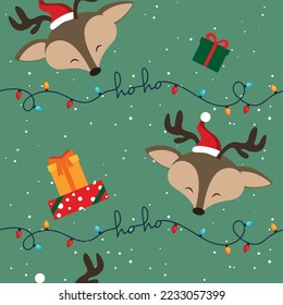 Cute vector christmas deer seamless pattern, with christmas lights