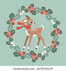 Navidades de Vector lindo ciervo en corona de invierno. Corona dibujada a mano con follaje de invierno. Perfecto para tarjeta, logotipo o diseño de impresión de vivero.