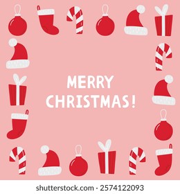 Cute vector Christmas frame with candy cane, Santa hat, socks, balls, gifts. Merry Christmas! Red holiday symbols on pink background. Template for greeting card