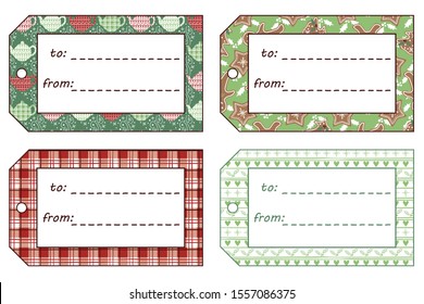 Cute vector Christmas gift tags. From to labels with green and red christmas patterns. Can be used for your gifts under the tree.