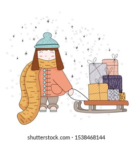 Cute vector Christmas Girl with Gifts. A girl with big Christmas boxes. Christmas and New Year concept.