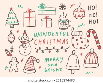 cute vector christmas hand drawn doodles. crayon style christmas doodle.