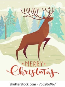 Cute vector Christmas holidays poster with Deer and forest. Merry Christmas card