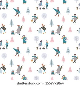 Cute vector Christmas Holidays seamless pattern. Christmas winter village and noisy people