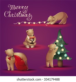 Cute vector christmas illustration with bear family. Bear cub plays with lights, hugs honey present, decorates the christmas tree. Mother bear brings presents in the bag. Lettering Merry Christmas.