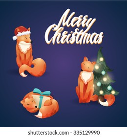 Cute vector christmas illustration with foxes. 