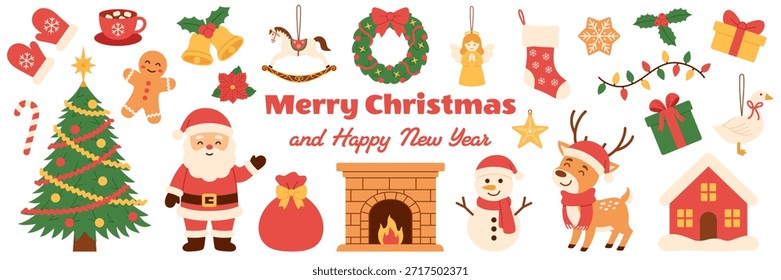 Conjunto de ilustración de Navidades de Vector lindo: Santa, árbol, muñeco de nieve, reno, regalos, corona, chimenea, decoración de vacaciones. Para scrapbooking, tarjetas de felicitación, carteles, pegatinas, festivo, diseño de niños. Dibujado a mano.