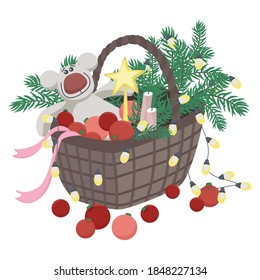 Cute vector christmas illustration witn teddy bear, candles, balls, ribbon, star, garlands and fir tree branches in a big basket