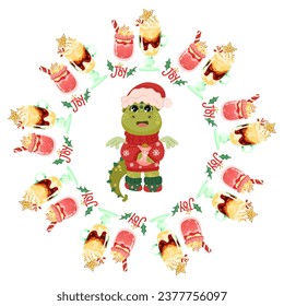 Cute vector Christmas mandala with cute holiday icons on white background. Hand drawn vector illustration.