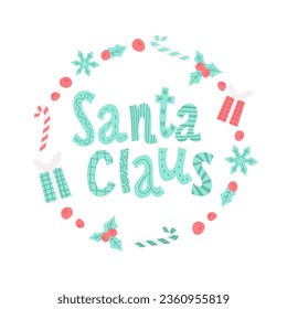 Vector lindo Navidad o Año Nuevo correa de caramelos y cajas de regalo con letras hechas a mano de Santa Claus. Tipografía vectorial para impresión o tarjeta de saludo