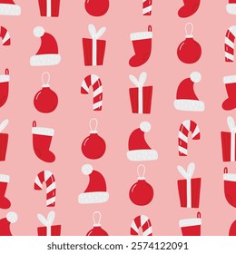 Cute vector Christmas pattern with candy cane, Santa hat, socks, balls, gifts. Seamless texture with red holiday symbols on pink background. Template for wrapping paper 