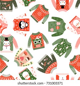 Cute vector Christmas seamless pattern with ugly fun sweaters with kawaii illustrations for textile, paper wrapping and greeting cards