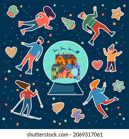 Cute vector Christmas set. Xmas symbols and activities collection. Joyful cartoon skating and skiing people, snow globe, gingerbread cookies and confetti. Square Xmas greeting card, social media post 