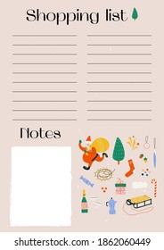 Cute vector christmas shopping list with lines and place for notes. List with christmas symbol set. Santa Claus, Christmas tree, toys, sleigh, garland, fireworks, champagne, gifts. Happy New Year