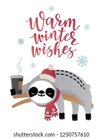 Cute vector christmas sloth bear animal with a cup of coffee. Can be used for cards, flyers, posters, t-shirts.