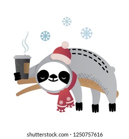 Cute vector christmas sloth bear animal with a cup of coffee. Can be used for cards, flyers, posters, t-shirts.