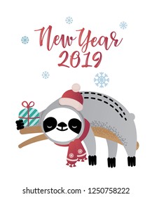Cute vector christmas sloth bear animal with a present. Can be used for cards, flyers, posters, t-shirts.