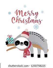 Cute vector christmas sloth bear animal with a present. Can be used for cards, flyers, posters, t-shirts.