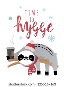 Cute vector Christmas sloth bear animal with a cup of coffee. Can be used for cards, flyers, posters, t-shirts.