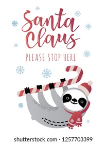 Cute vector Christmas sloth bear animal with a candy cane. Can be used for cards, flyers, posters, t-shirts.