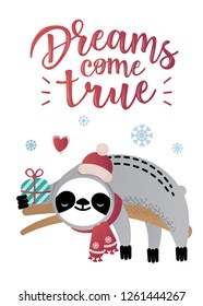 Cute vector christmas sloth bear animal with a present. Can be used for cards, flyers, posters, t-shirts.