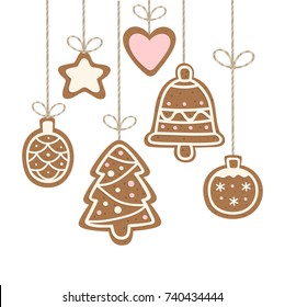 Cute vector Christmas tree, bell, star, heart cookies illustration.