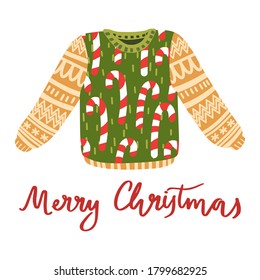 Cute vector Christmas ugly sweater with bright red candy canes on green background. Isolated with hand drawn lettering.