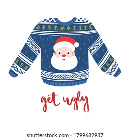 Cute vector Christmas ugly sweater with Santa on blue background. Fun Christmas ornaments and fir trees. Isolated with hand drawn lettering.