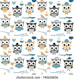 Cute vector Christmas and winter seamless pattern with fun owls with hats and scarves in blue, gold and grey colors