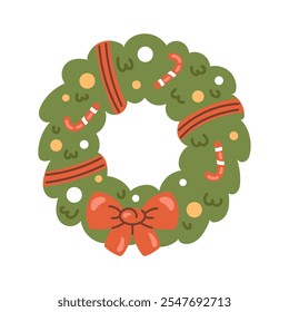 Cute vector Christmas wreath with red bow and green twigs. Ideal decoration for festive projects, design element for winter holidays.