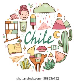 Cute vector circle frame with Chile elements like llama, cactuses, flowers, drinks, ice cream , book and so on