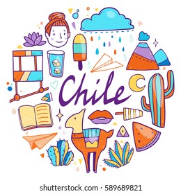 Cute vector circle frame with Chile elements like llama, cactuses, flowers, drinks, ice cream , book and so on