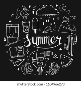 Cute vector circle frame with summer elements like llama, cactuses, flowers, drinks, ice cream , book and so on