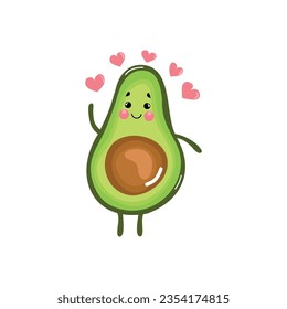 Cute vector clipart avocado with red hearts. Isolated cartoon character on white background. In cartoon style.