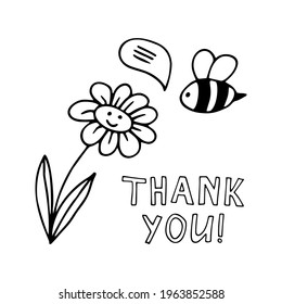 Cute vector clipart flower and bee. Thank you. Hand drawn doodle illustration friendship. Cartoon clipart for card, bedroom decor, birthday party or textile of apparel.