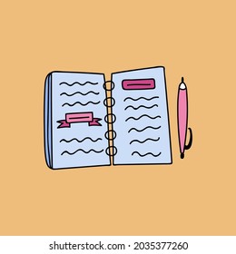 Cute Vector Clipart Of Open Ring Notebook With Pen And Notes For Studying, Learning, Lectures, Planning, Scheduling. Notepad Flat Illustration Isolated On Background With Hand Drawn Doodle Outline.