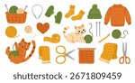 Cute vector clipart set with knitting tools, cozy clothes, yarn balls, and playful cats. Fun flat design for crafting and DIY themed projects. Knitting collection with wool balls of yarns.