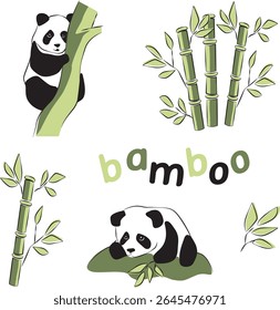 Cute vector clipart set of pandas with bamboo and leaves, minimalist cartoon style for eco design, kids projects, and Asian nature themes