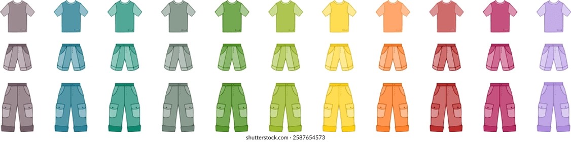 Cute vector clothes of T-shirts, shorts and trousers in cute colors. 