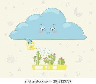 Cute vector cloud  loves cacti on the background with ornaments