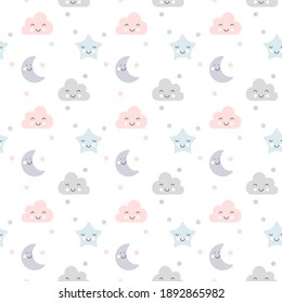 Cute vector clouds, moon, and stars seamless pattern sleep in scandinavian style isolated on white background for kids. Hand drawn cartoon illustration for nordic poster, card, fabric, children book.