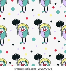 Cute vector clown with balloons seamless pattern