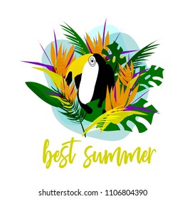 Cute vector collage with toucan bird, strelizia flower, palm leaves on seascaped shape of heart background. Tropical summer illustration
