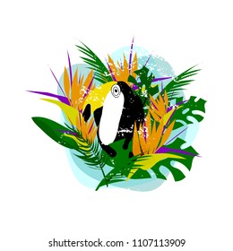 Cute vector collage with toucan bird, strelizia flower, palm leaves on seascaped shape of heart background. Tropical summer illustration