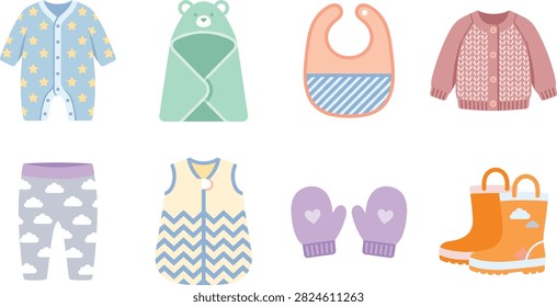 Cute vector collection of baby clothes and essential accessories featuring onesie, cardigan, bib, pants, mittens, and boots..eps