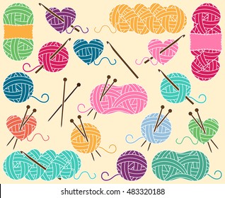 Cute Vector Collection of Balls of Yarn, Skeins of Yarn or Thread for Knitting and Crochet