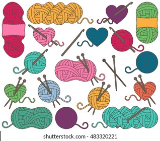 Cute Vector Collection of Balls of Yarn, Skeins of Yarn or Thread for Knitting and Crochet